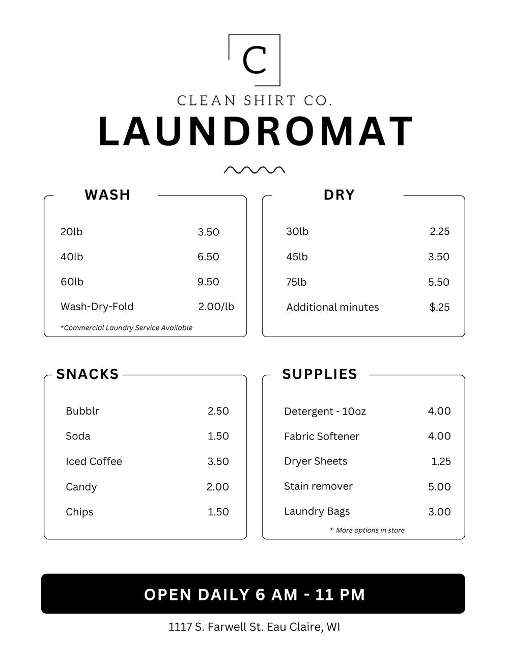 Clean Shirt Co. Laundromat Price List