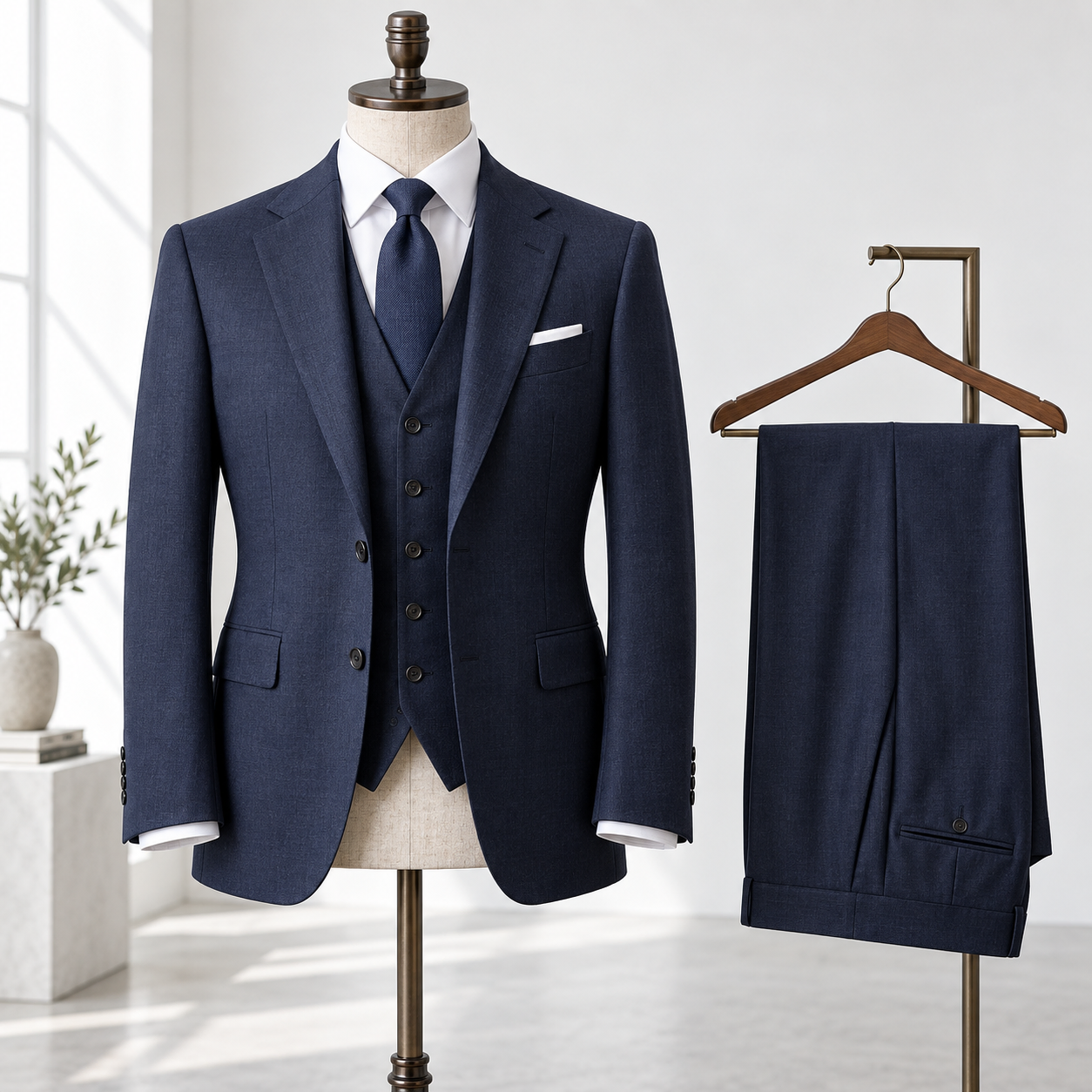 Navy three-piece suit on a mannequin with matching trousers beside it.