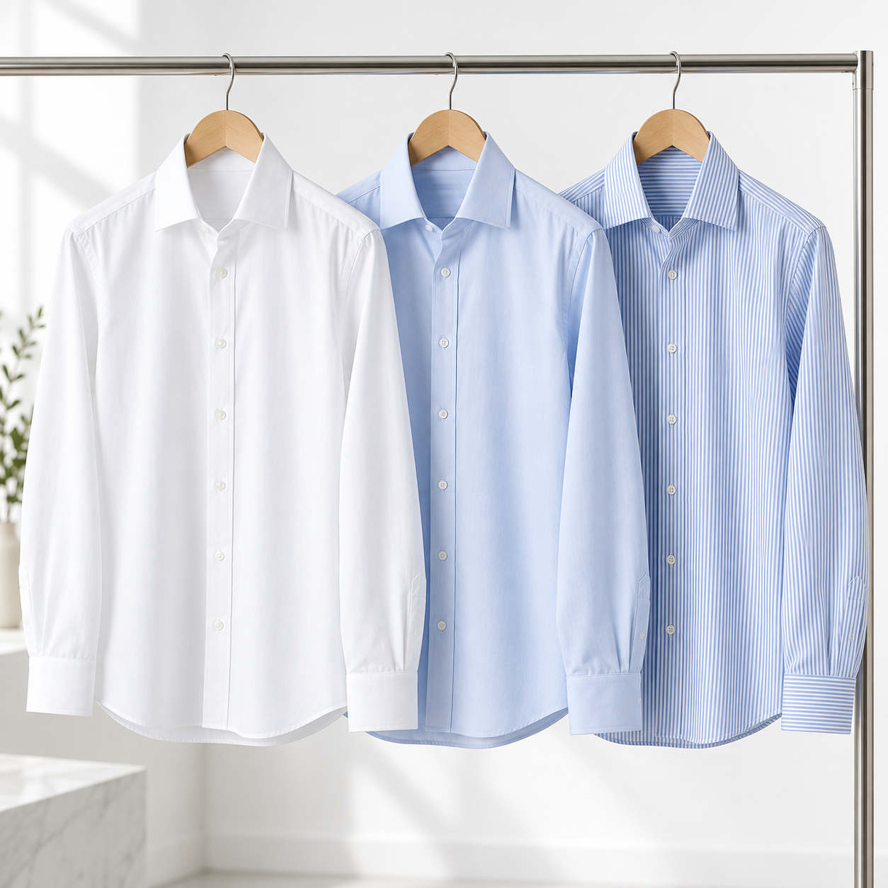 White, pale blue and striped business shirts hanging neatly on a rail.