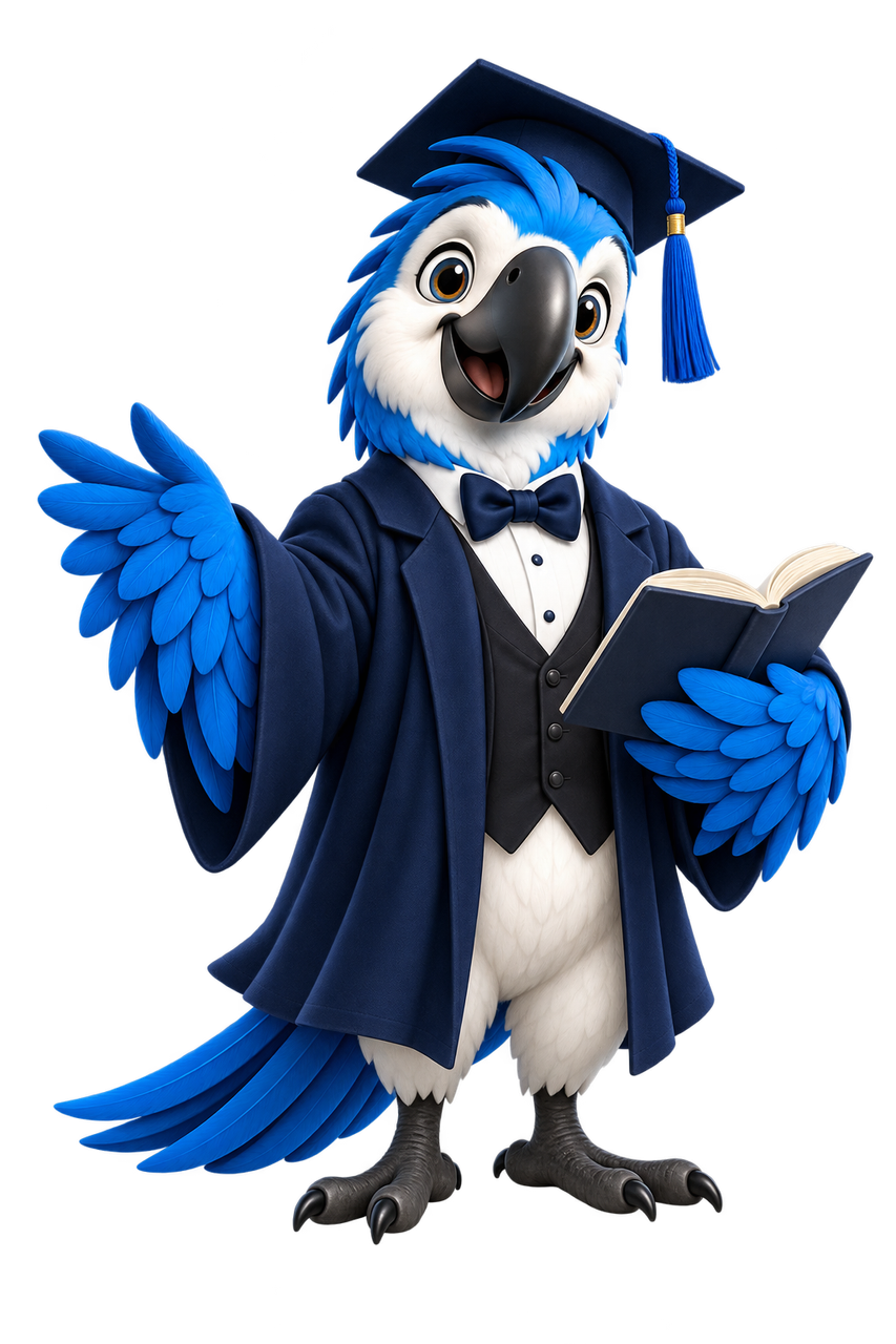 Alfie wearing a graduation cap and gown, holding an open book.