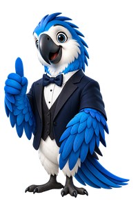 Alfie, the blue parrot mascot, presenting the price list.