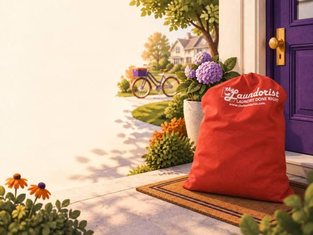 The Laundorist red laundry bag at a New Jersey doorstep